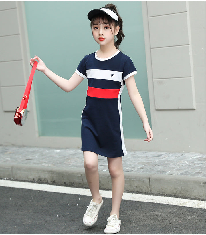 Blue Round Neck Striped Cotton A-Line Dress
