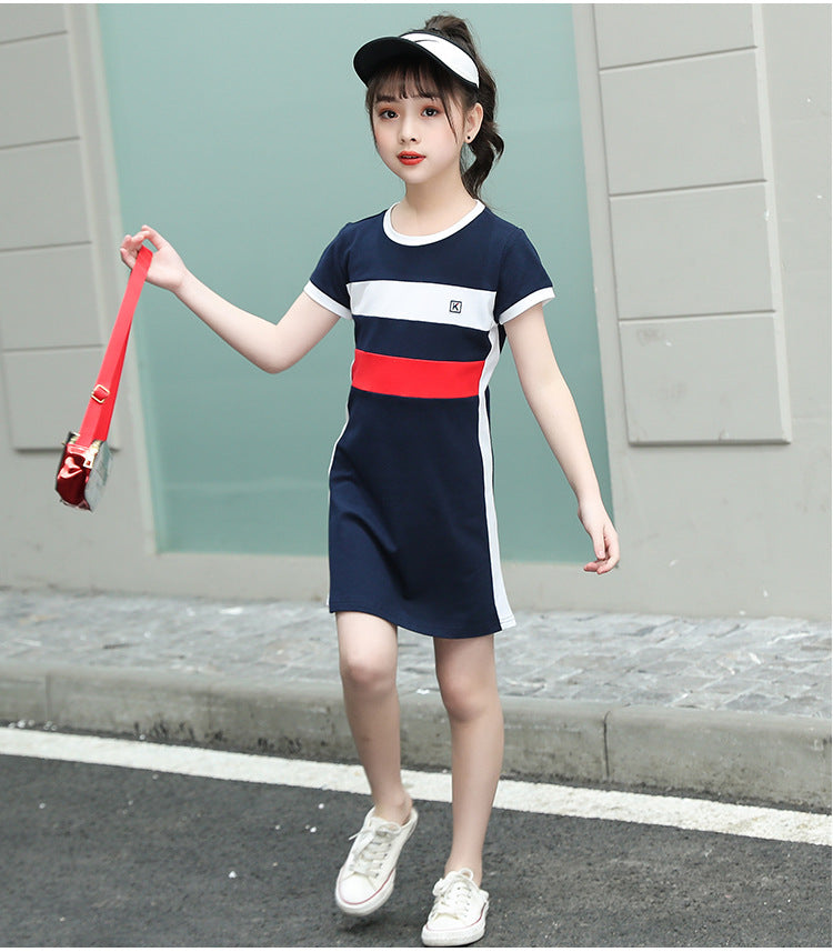 Blue Round Neck Striped Cotton A-Line Dress