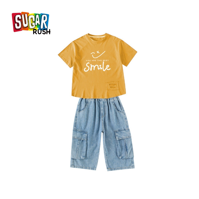 Boys Printed Round Neck Short Sleeves T-shirt With Capris