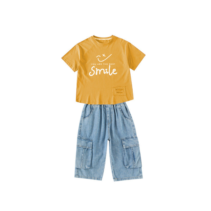 Boys Printed Round Neck Short Sleeves T-shirt With Capris
