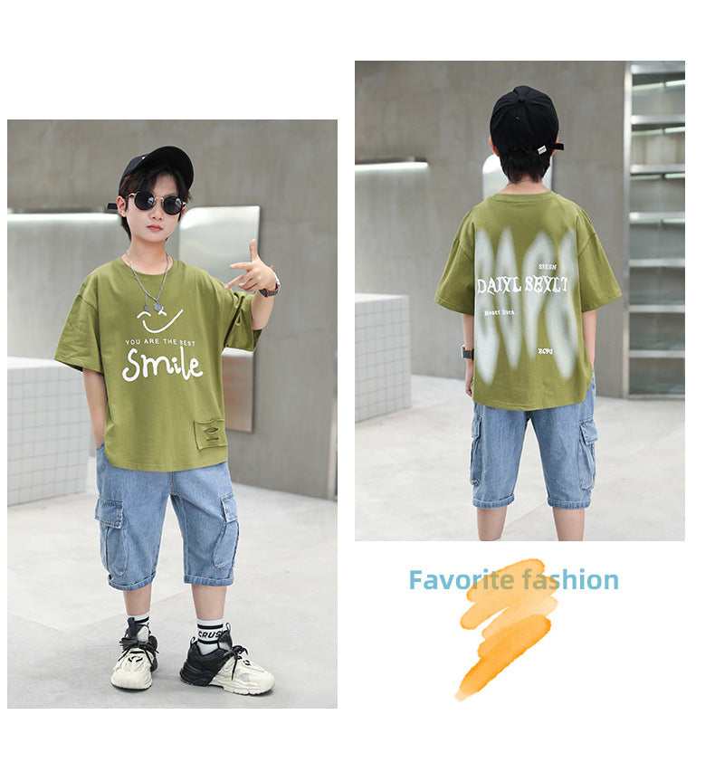 Boys Green & Blue Printed Top with Capris