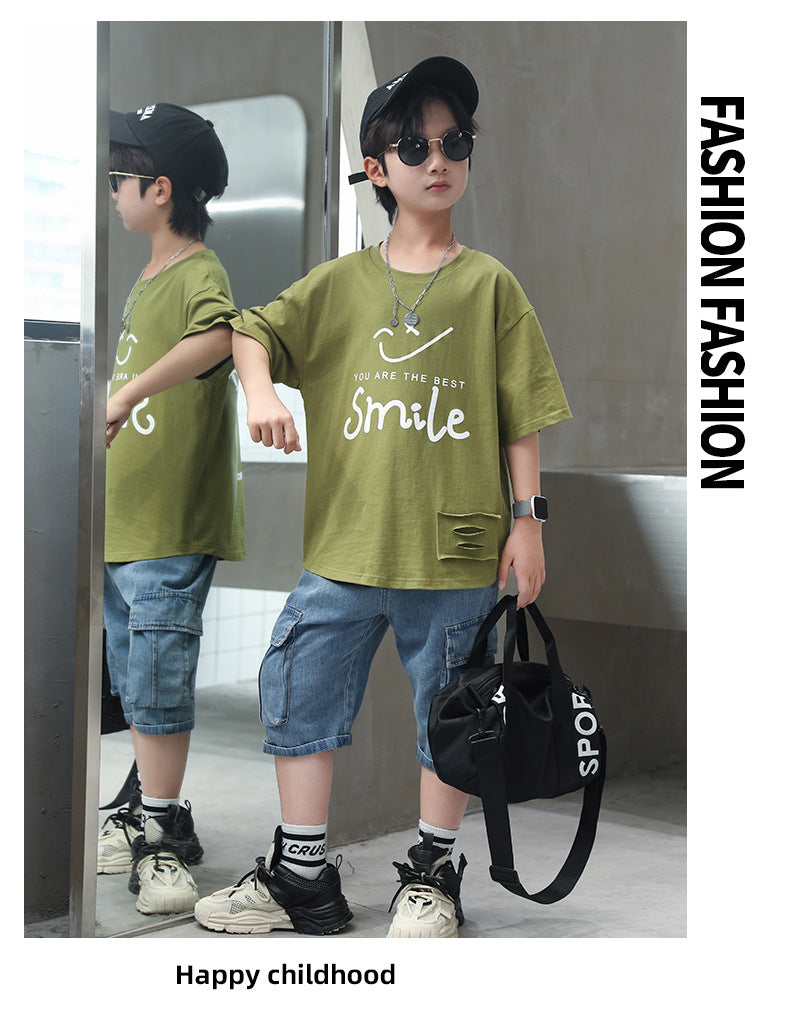 Boys Green & Blue Printed Top with Capris