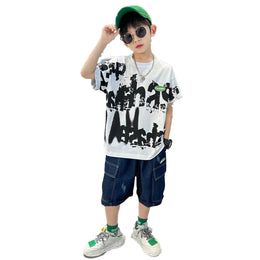Boys Short Sleeves Round Neck Printed T-shirt with Capris