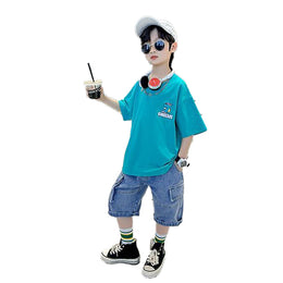 Boys Printed Short Sleeves Round Neck T-shirt with Capris