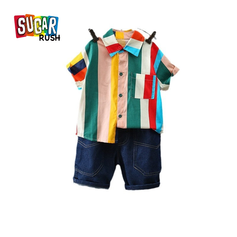 Boys Short Sleeves Shirt Collar Colourblocked Top with Shorts