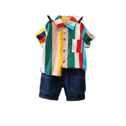 Boys Short Sleeves Shirt Collar Colourblocked Top with Shorts