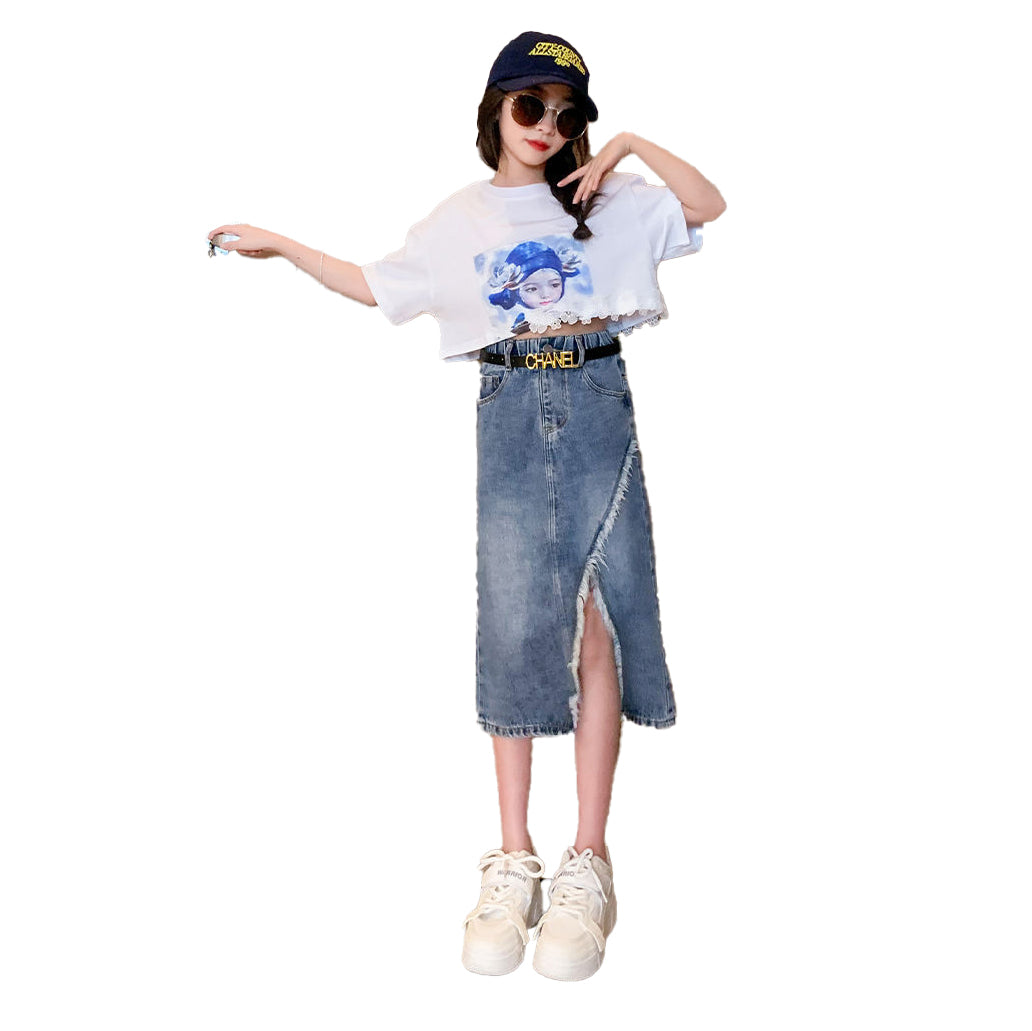 Girls Blue & White Printed Top with Skirt