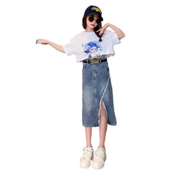 Girls Blue & White Printed Top with Skirt