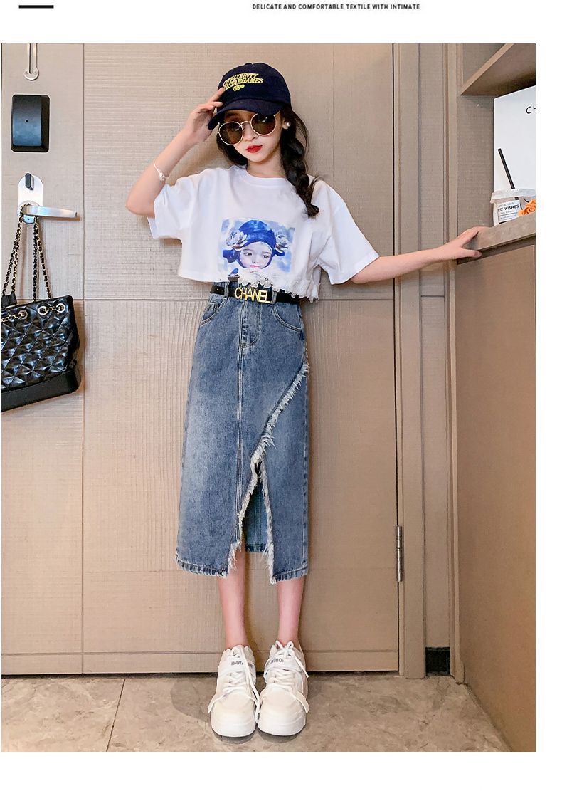 Girls Blue & White Printed Top with Skirt