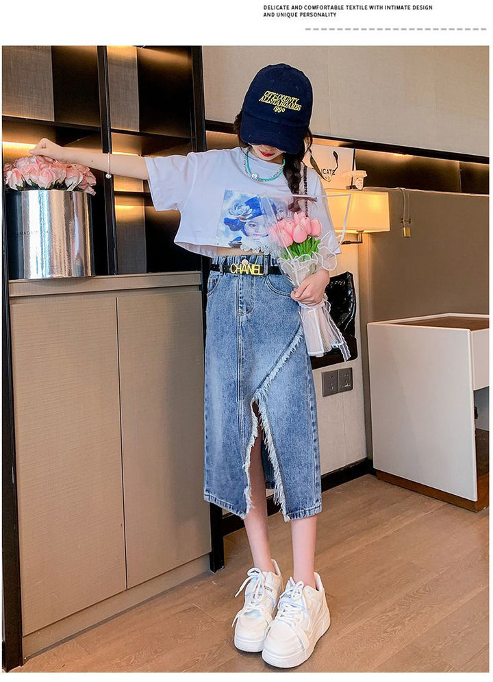 Girls Blue & White Printed Top with Skirt