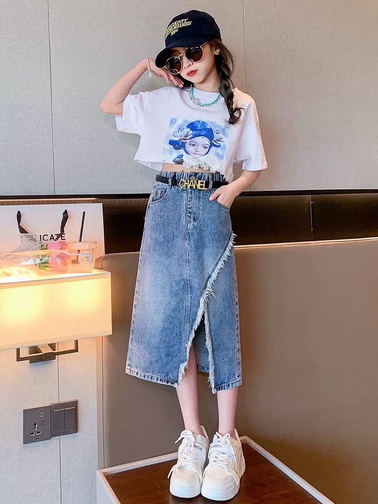 Girls Blue & White Printed Top with Skirt