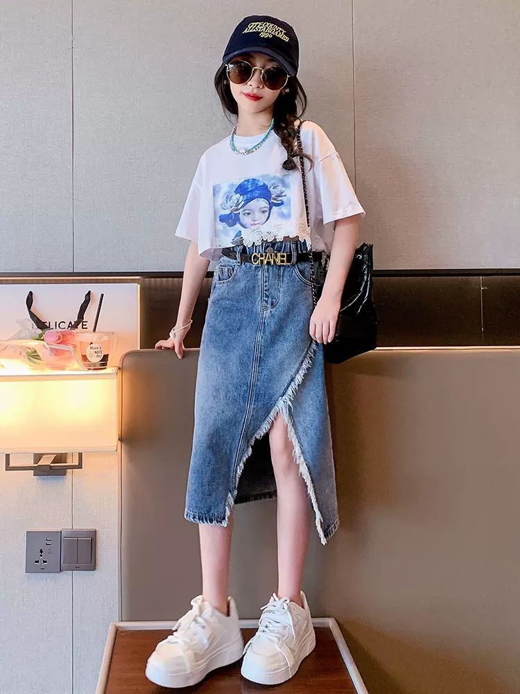 Girls Blue & White Printed Top with Skirt