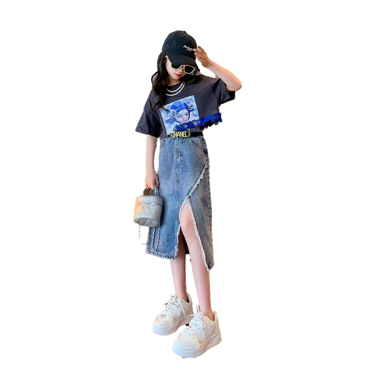 Girls Printed Short Sleeves Round Neck Top with Skirt