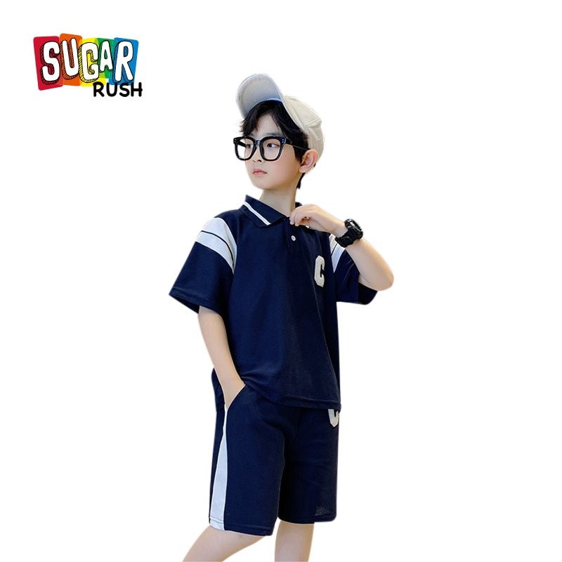 Boys Navy Blue & White Printed Polo Collar T-shirt with Shorts