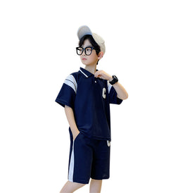 Boys Navy Blue & White Printed Polo Collar T-shirt with Shorts