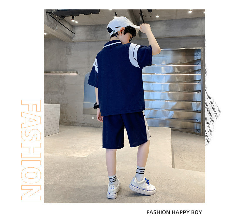 Boys Navy Blue & White Printed Polo Collar T-shirt with Shorts