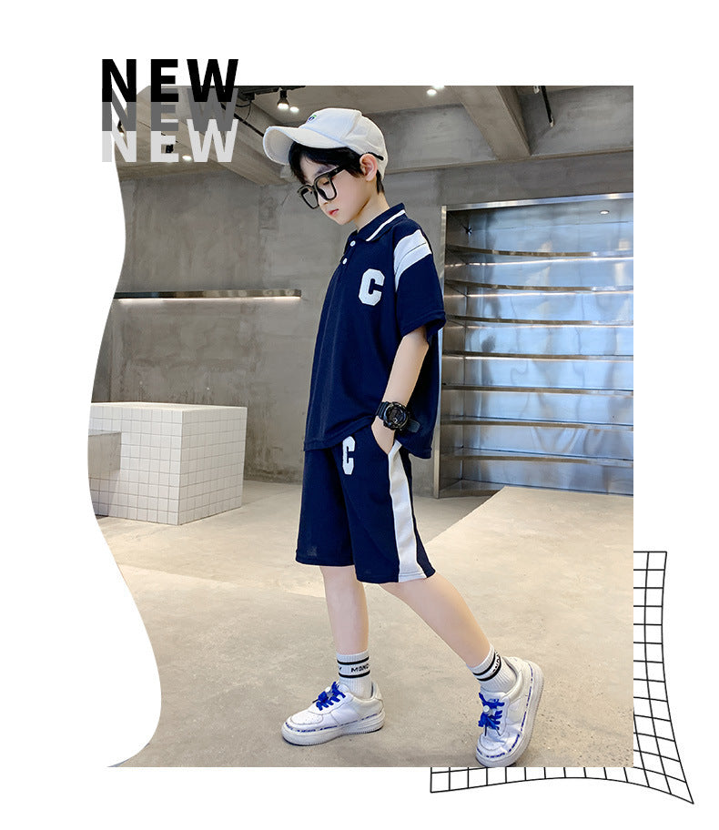 Boys Navy Blue & White Printed Polo Collar T-shirt with Shorts