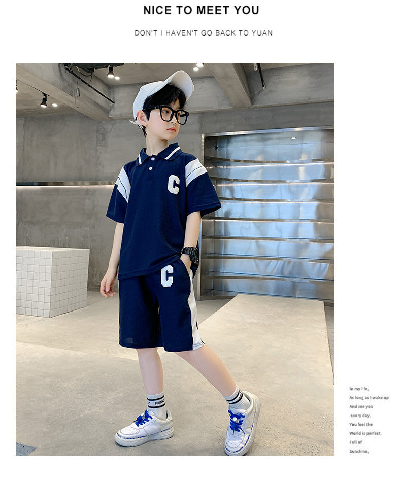 Boys Navy Blue & White Printed Polo Collar T-shirt with Shorts