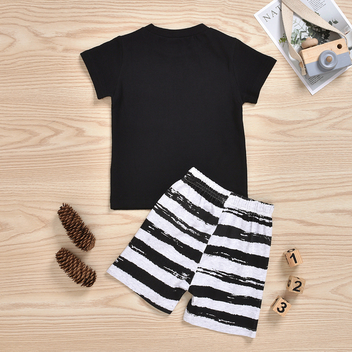 Boys Black & White Printed T-shirt with Shorts