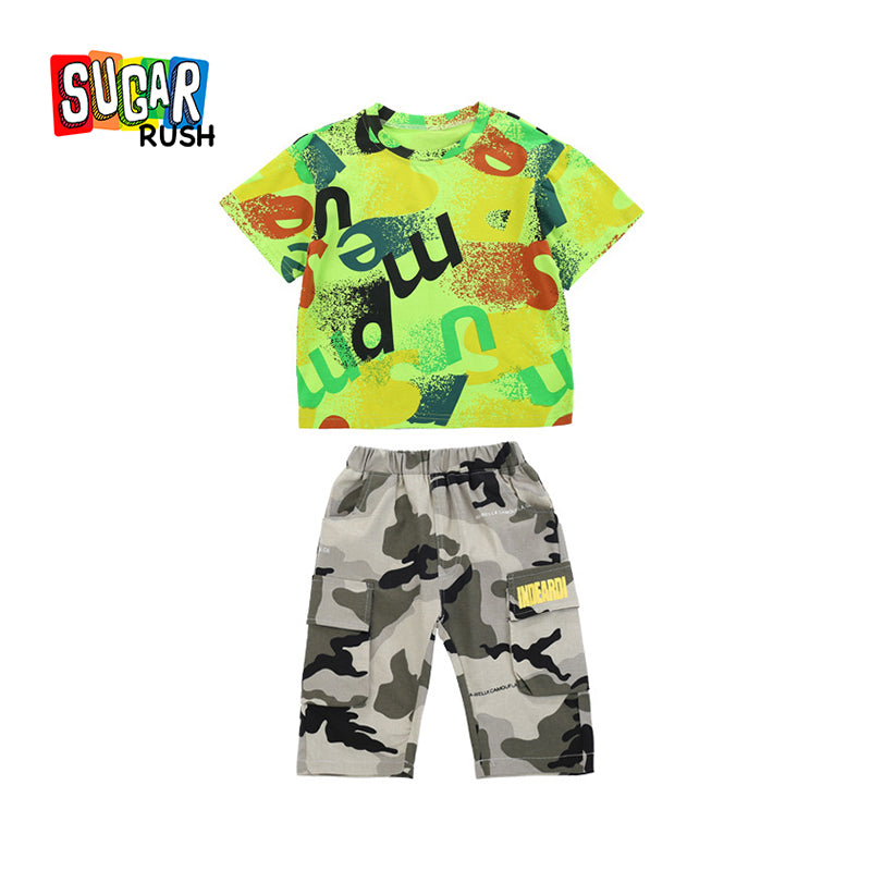 Boys Yellow & Green Graphic Printed Round Neck T Shirt with Shorts