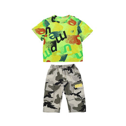 Boys Yellow & Green Graphic Printed Round Neck T Shirt with Shorts