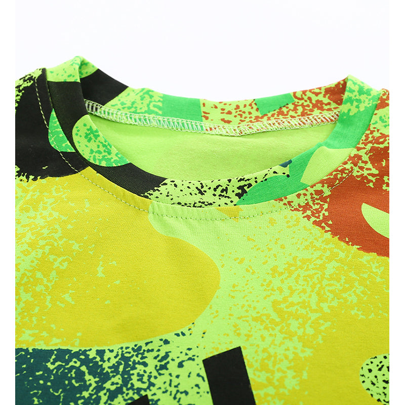 Boys Yellow & Green Graphic Printed Round Neck T Shirt with Shorts