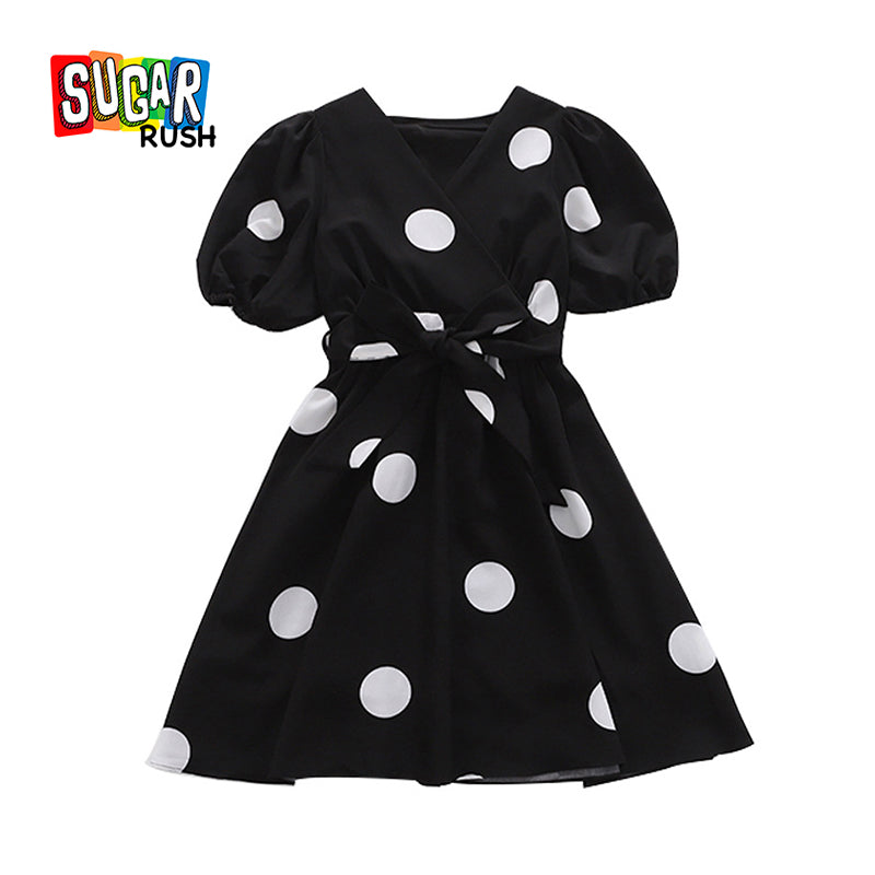 Girls Black Polka Dot Print Fit & Flare Dress