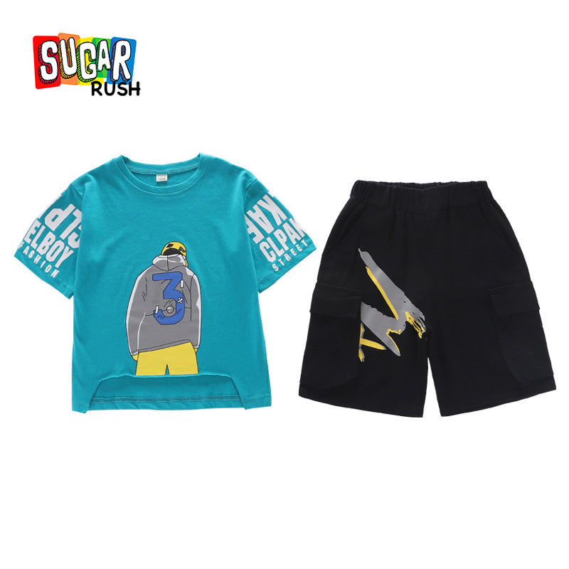 Boys Blue & Black Printed T-shirt with Shorts