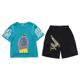 Boys Blue & Black Printed T-shirt with Shorts