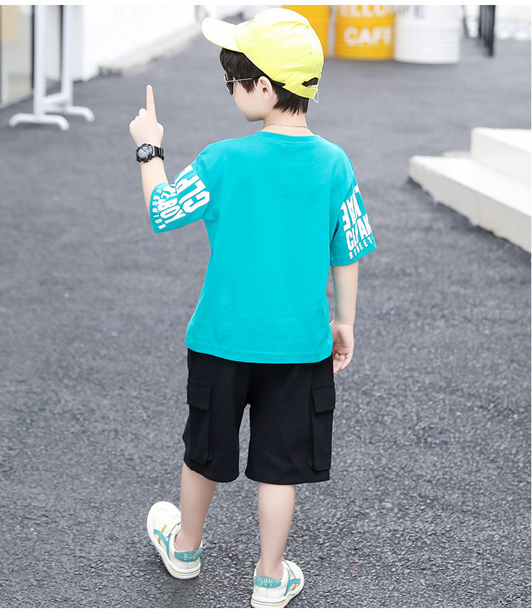 Boys Blue & Black Printed T-shirt with Shorts