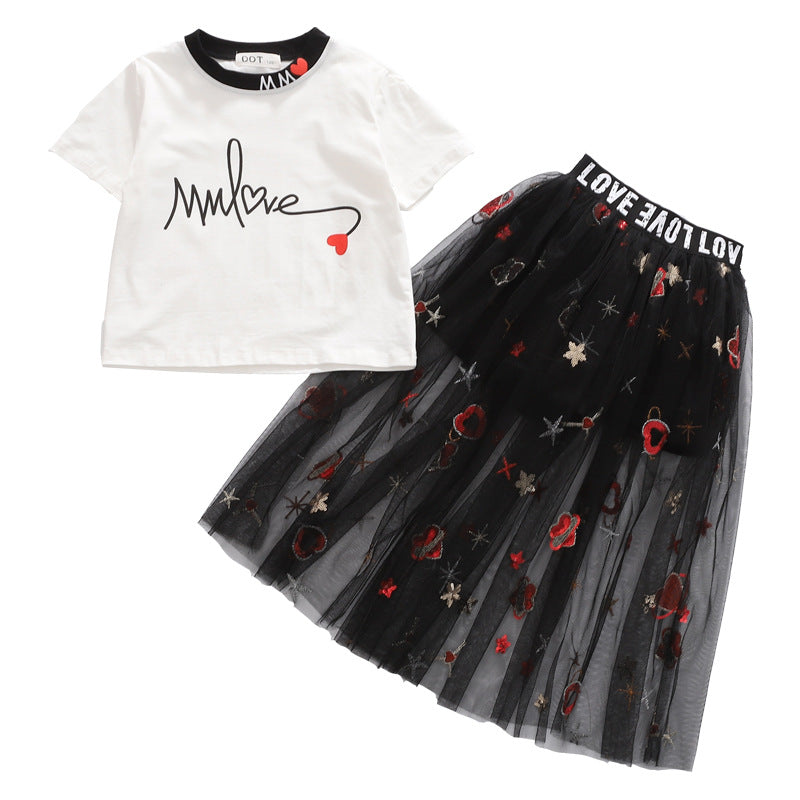 Girls Black And White Printed Top with Skirt
