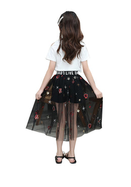 Girls Black And White Printed Top with Skirt