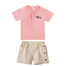 Girls Pink & Beige Striped Round Neck Top with Shorts