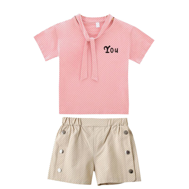 Girls Pink & Beige Striped Round Neck Top with Shorts