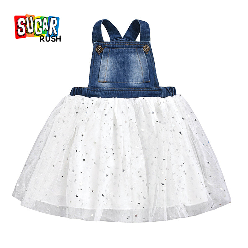 Girls Blue & White Polka Dot Print Pinafore Dress