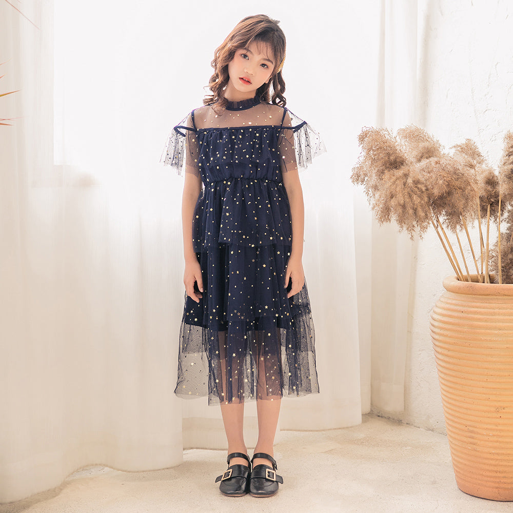 Girls Embellished Flared Sleeves Fit & Flare Midi Dress