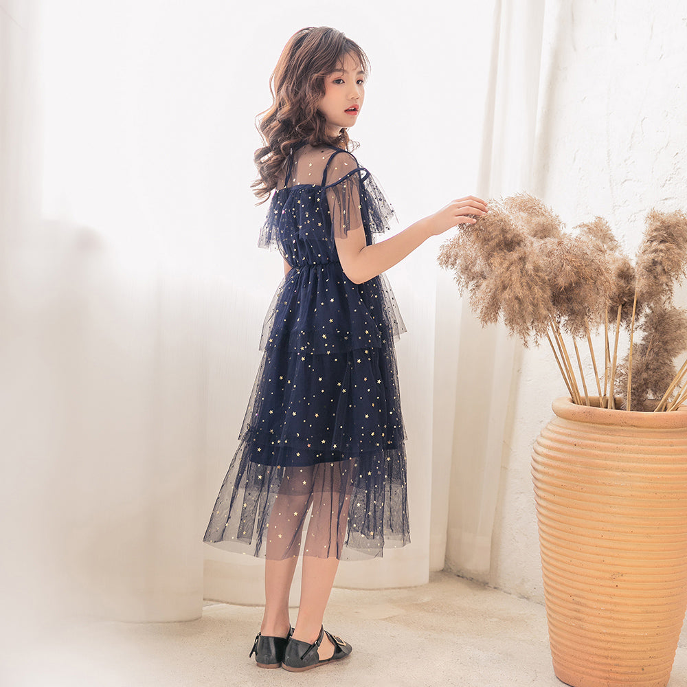 Girls Embellished Flared Sleeves Fit & Flare Midi Dress