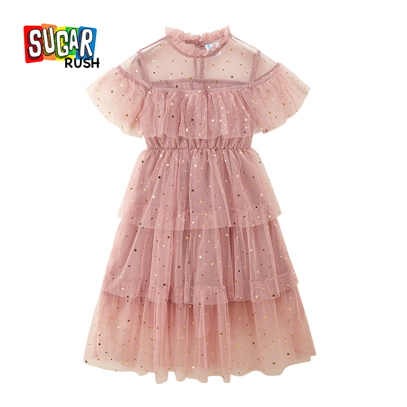 Girls Pink Embellished High Neck Ruffled Fit & Flare Midi Dress