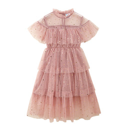 Girls Pink Embellished High Neck Ruffled Fit & Flare Midi Dress