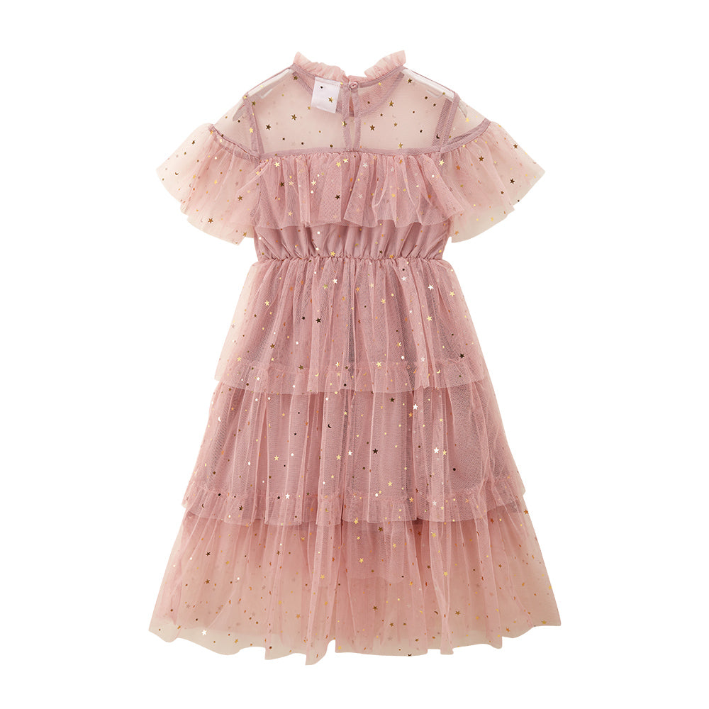 Girls Pink Embellished High Neck Ruffled Fit & Flare Midi Dress