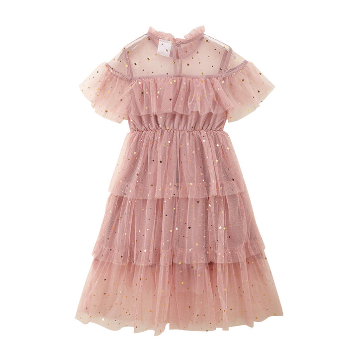 Girls Pink Embellished High Neck Ruffled Fit & Flare Midi Dress