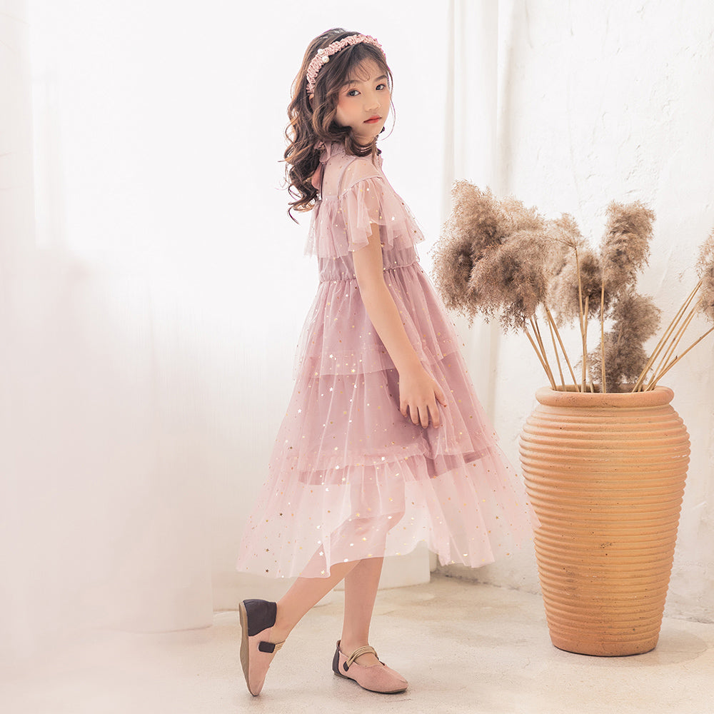 Girls Pink Embellished High Neck Ruffled Fit & Flare Midi Dress