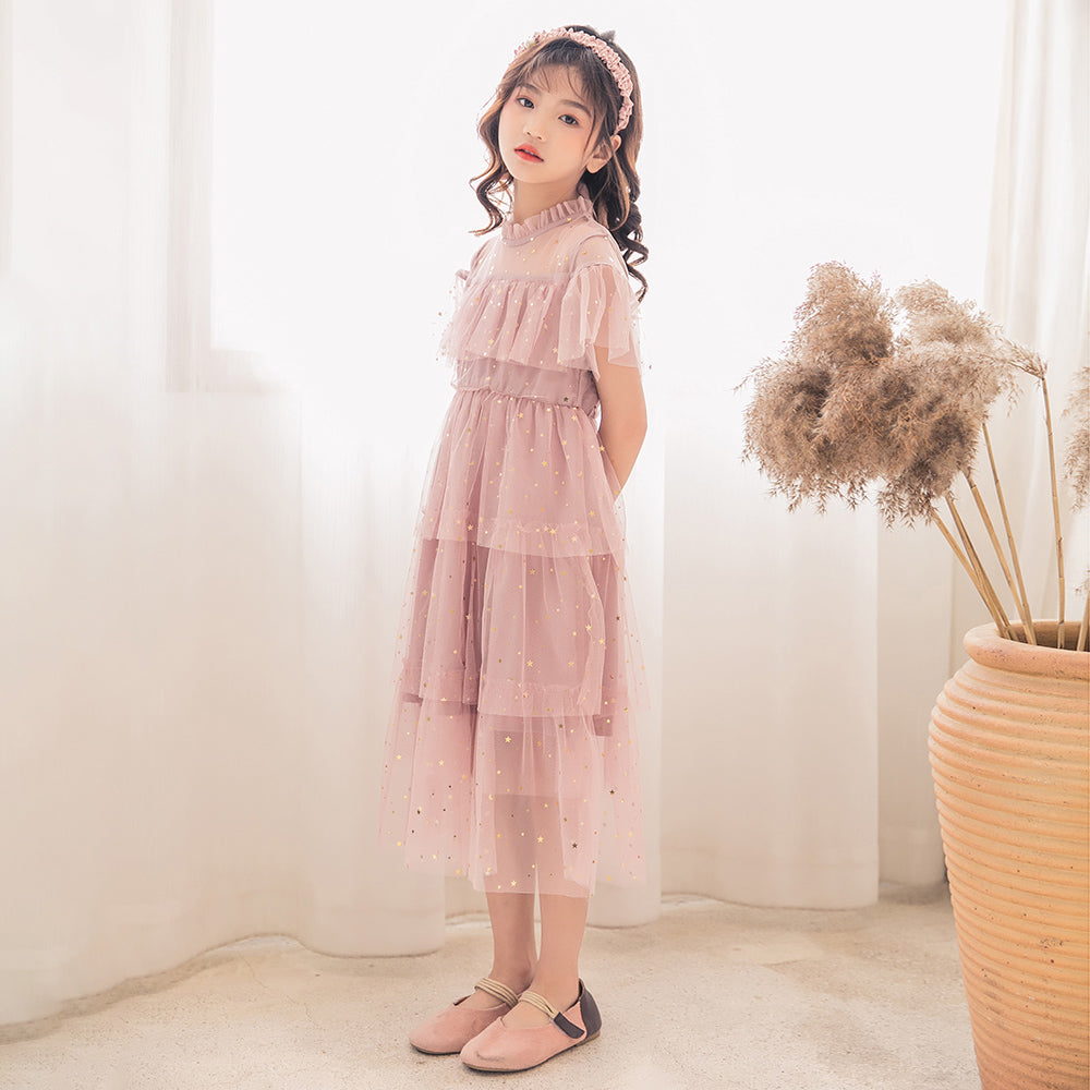 Girls Pink Embellished High Neck Ruffled Fit & Flare Midi Dress