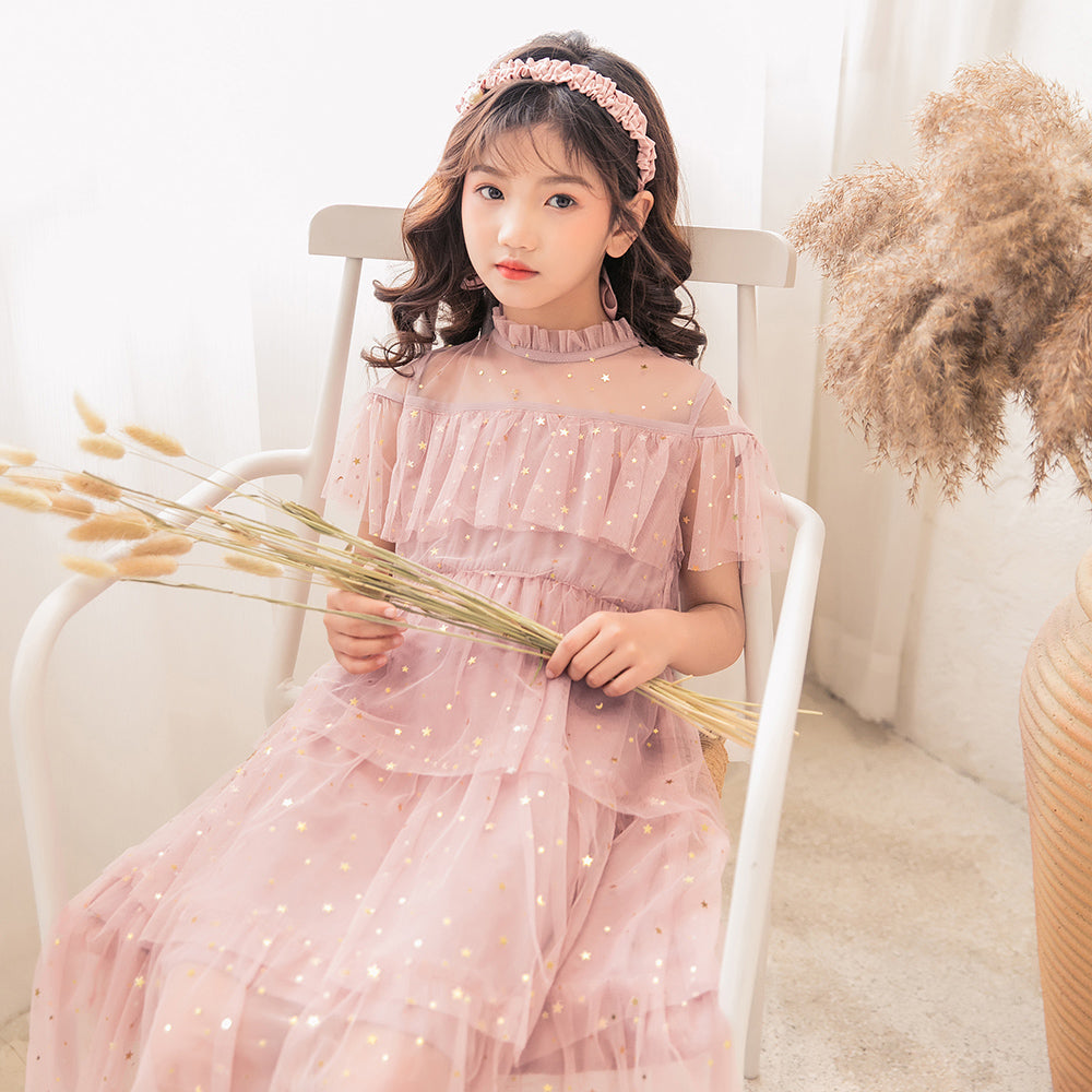 Girls Pink Embellished High Neck Ruffled Fit & Flare Midi Dress
