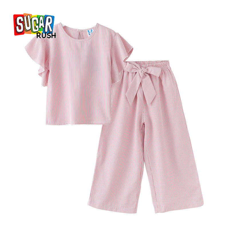Girls Pink Striped Flutter Sleeve Pure Cotton Top with Pyjamas