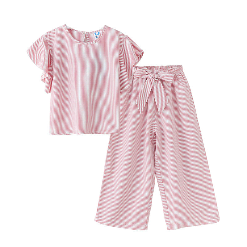 Girls Pink Striped Flutter Sleeve Pure Cotton Top with Pyjamas
