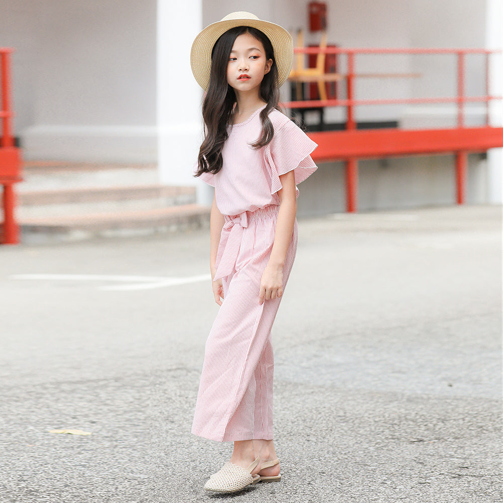 Girls Pink Striped Flutter Sleeve Pure Cotton Top with Pyjamas