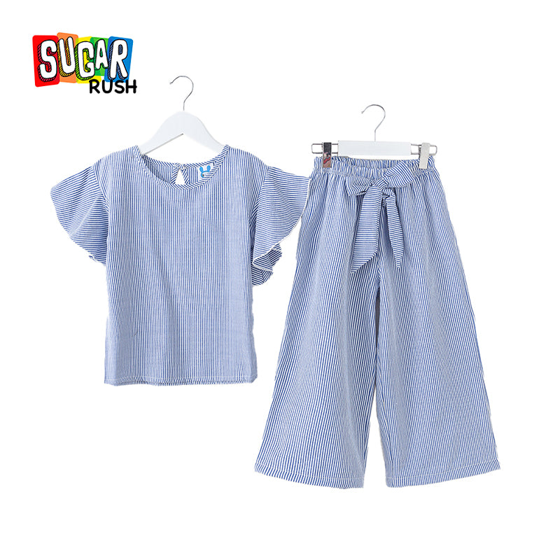 Girls Blue Striped Pure Cotton Top with Pyjamas