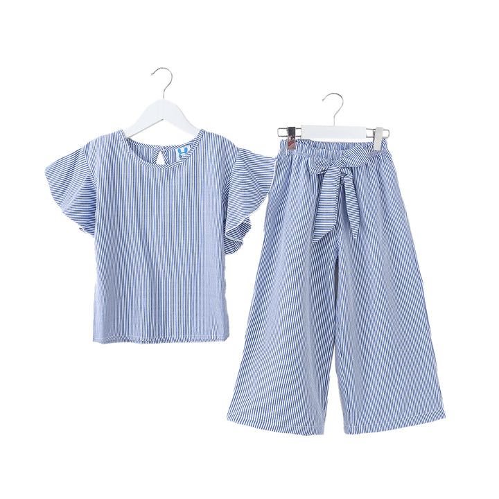 Girls Blue Striped Pure Cotton Top with Pyjamas