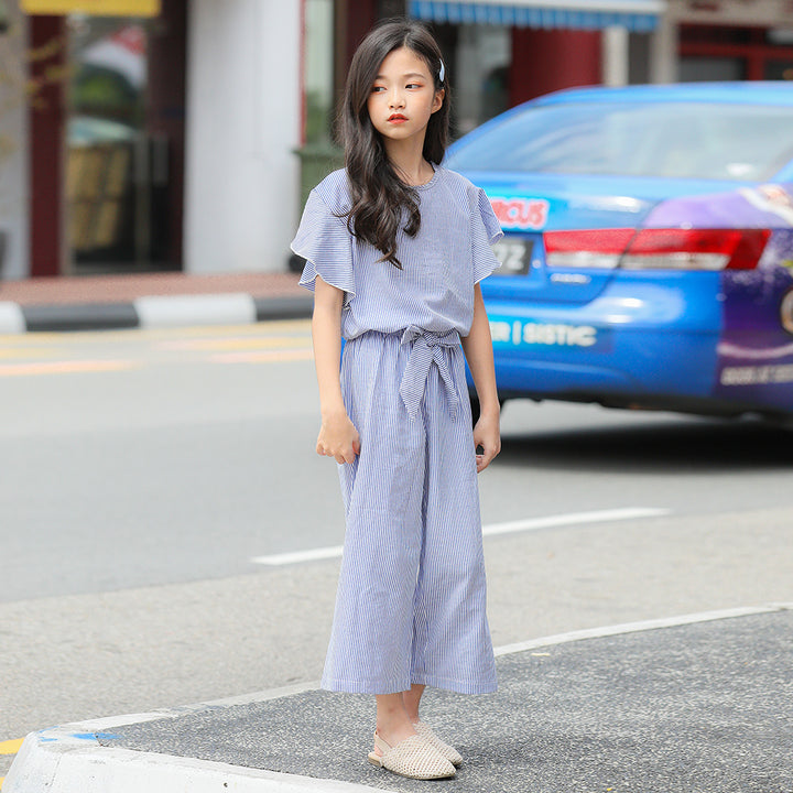 Girls Blue Striped Pure Cotton Top with Pyjamas